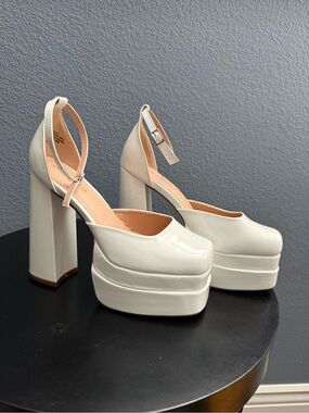 Chase + Chloe White Patent Platform Ankle-Strap Block Heels